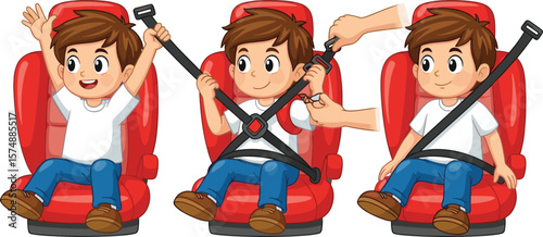 Cartoon child learning seatbelt safety, sitting in red car seat, buckling up properly, child passenger safety illustration, car travel secure