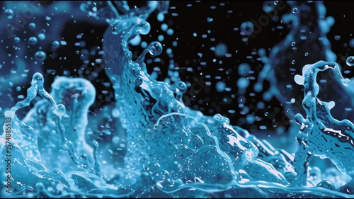 Blue water splashes in the air. Drops and waves move with energy.