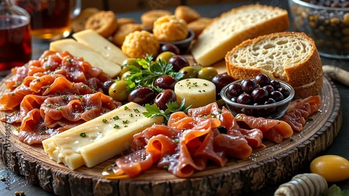 Delicious charcuterie board with various snacks