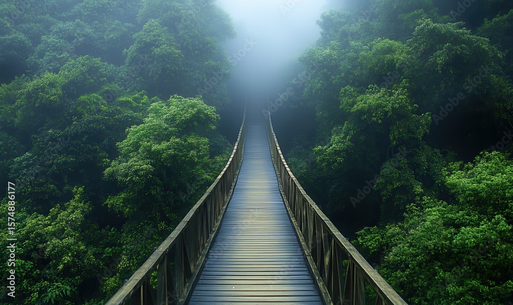 Obraz premium Mystical pathway Through verdant Trees Awaits on a Wooden Bridge during Early Morning Mist