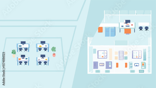 Illustration showing an office layout with desks chairs plants and storage units in a floor plan view