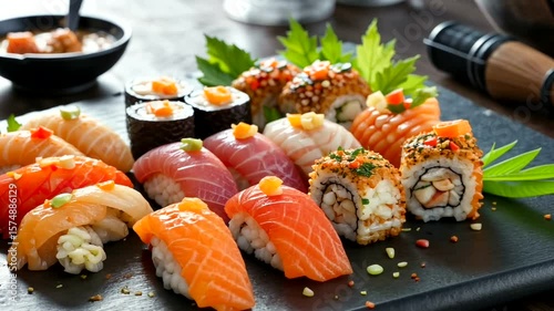 Delicious, colorful sushi arrangement on a black platter