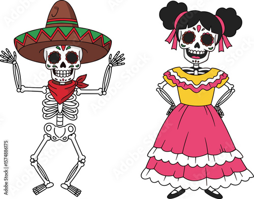 Cartoon Day of the Dead skeleton characters, Mexican boy and girl in traditional costume, festive colorful art, cultural celebration illustration
