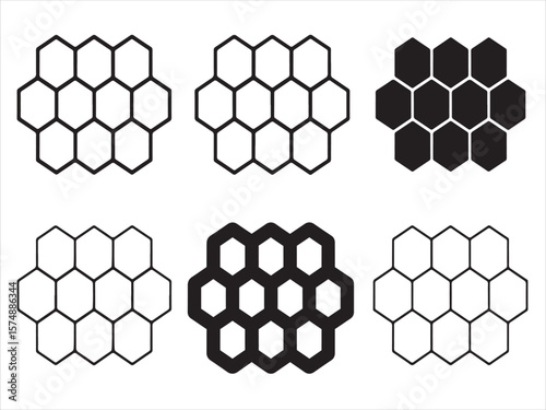 Six different hexagon grid patterns in black and white outlines and solid fills