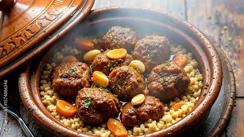 Delicious Moroccan meatballs in a tagine, with couscous and vegetables