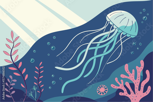 Vibrant jellyfish and plankton marine life illustration in vivid colors