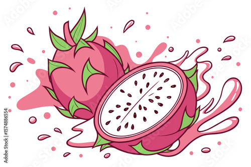 Vibrant dragon fruit juice splash with refreshing droplets