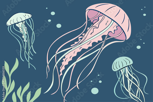 Artistic depiction of a moon jellyfish in various species showcasing detailed vector design
