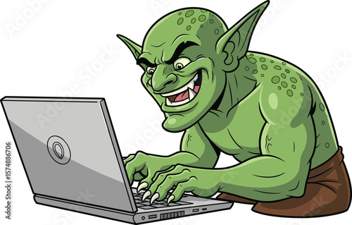 Cartoon green troll typing on laptop, internet troll illustration, funny digital monster, online mischief character, evil grin tech creature image