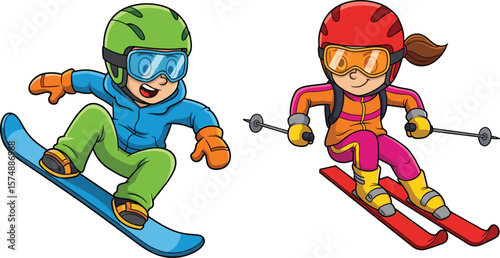 Cartoon kids skiing and snowboarding in winter sports gear, fun outdoor activity, mountain adventure, colorful illustration, snow holiday, active children