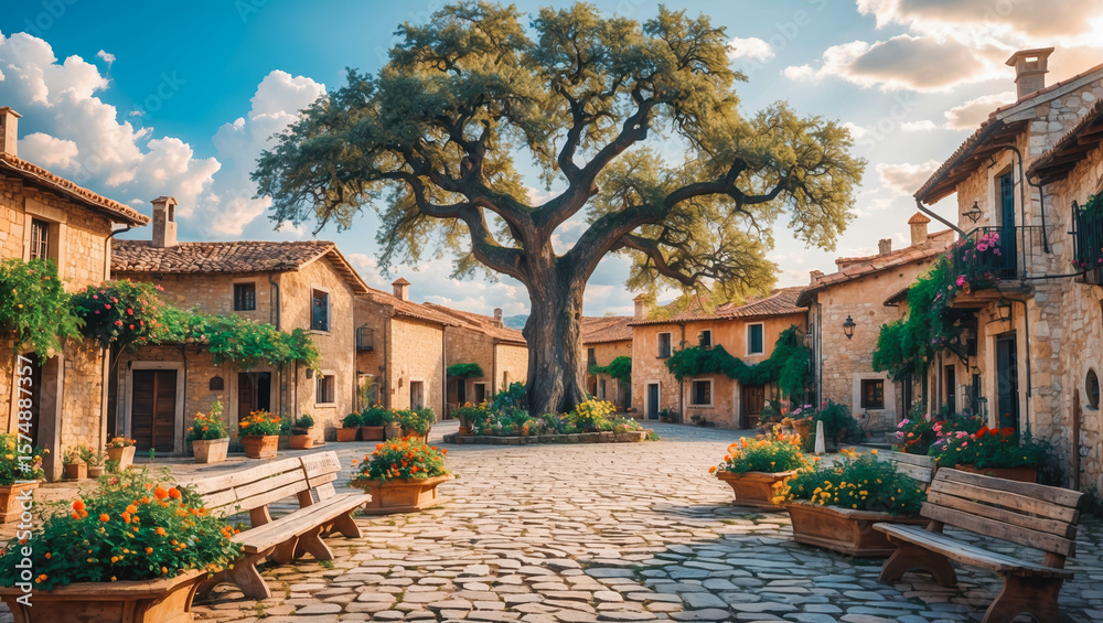 Obraz premium Charming Village Square with Oak Tree and Flower Pots