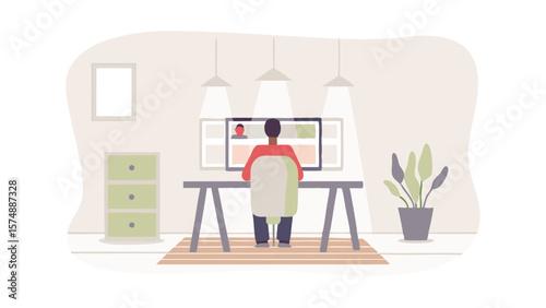 Person sitting at desk in front of computer with video call in a minimal office setting shown here