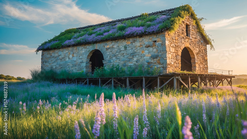 Rustic Stone Barn Surrounded by Wildflowers