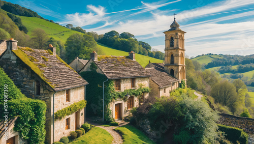 Charming Village with Bell Tower in Lush Green Hills