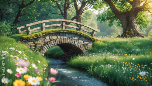 Serene Stone Bridge Over a Stream in Nature