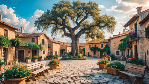 Charming Village Square with Oak Tree and Flower Pots