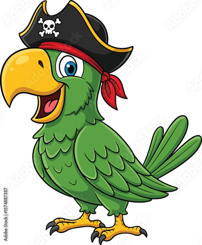 Cartoon pirate parrot with hat, green talking bird, cute animal mascot, funny feathered character, children illustration, tropical pet bird, playful design
