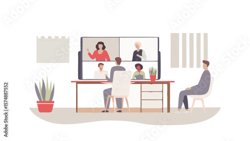 Illustration of a man participating in a video conference call with multiple participants remotely shown