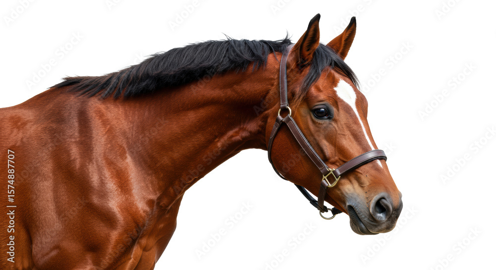 Obraz premium Majestic mature bay horse with rich reddish-brown coat, intelligent dark eye, white blaze, and long dark mane, in profile view on a pure transparent studio background with sharp focus and even
