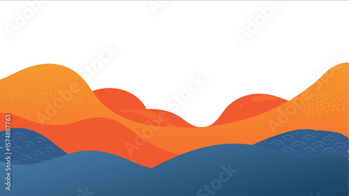 Orange and blue wavy landscape illustration with stylized water and rolling hills design aesthetic