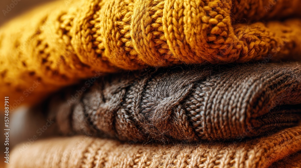 Fototapeta premium Close-up of cozy knitted garments in a warm autumn-themed setting