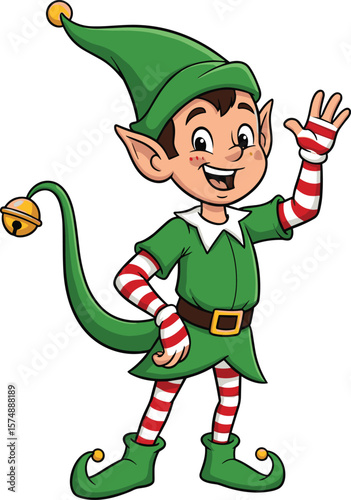 Cute cartoon Christmas elf waving hand, green costume, striped socks, festive holiday character, cheerful expression, isolated vector illustration, winter decoration