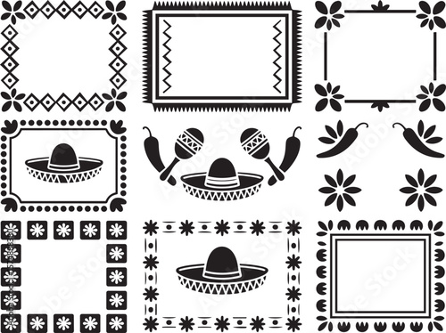 Set of Mexican themed silhouette vector frames and design elements.