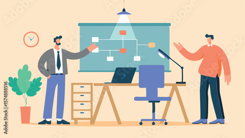 Two colleagues discussing a flowchart on a whiteboard in a modern office environment setting scene