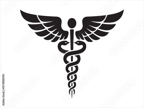 Black caduceus symbol with wings and two snakes on white background