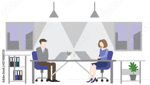 Illustration of two people working at a shared desk in an office with windows and overhead lighting fixtures