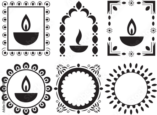 Set of six black and white Diwali silhouette decorative elements.