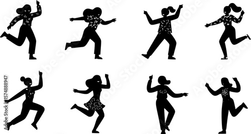 Vector illustration of dancing women, Happy dancing people, Trendy retro style Flat colorful vector illustration.
