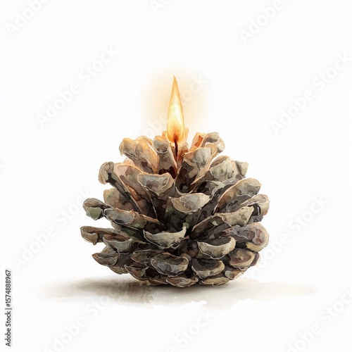 Pine cone candle burning on white background