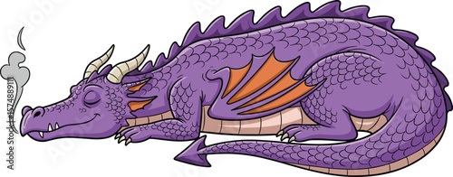 Cute cartoon sleeping purple dragon with smoke, fantasy mythical creature, adorable character illustration, resting peacefully, fairytale animal artwork, vector graphic