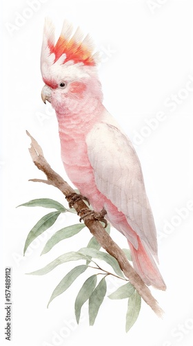 Pink cockatoo on branch watercolor illustration on white background