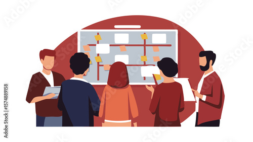Group of people standing around a board with sticky notes discussing project management strategy plan analysis