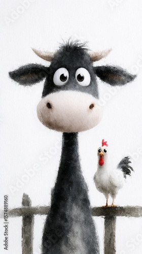Funny cartoon cow and chicken watercolor illustration on white