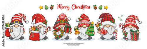 Merry Christmas With Cute Gnome Santa Claus And Friend On Banner Design, Set Vector Cartoon Illustration
