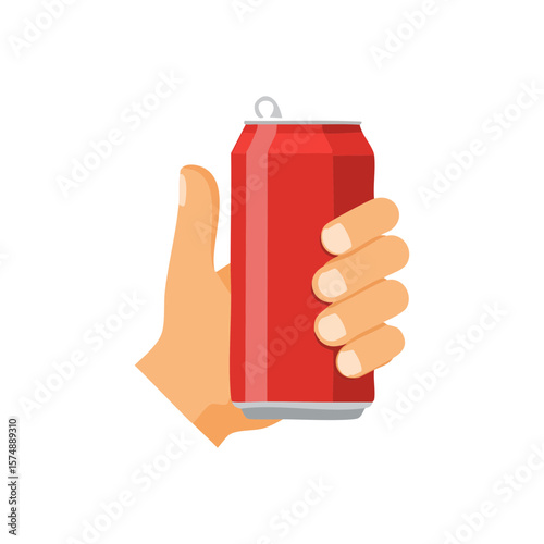 Hand holding a red soda can against a neutral background, depicting refreshment
