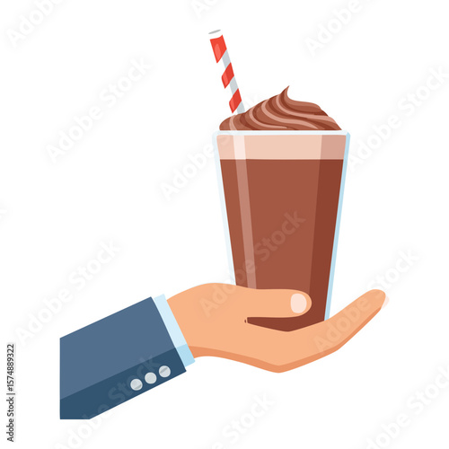 A hand offering a delicious chocolate milkshake with whipped cream and a striped straw. The milkshake is in a tall glass and the hand is wearing a business suit sleeve.