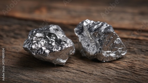 Close-up view of two silver nuggets on a wooden table