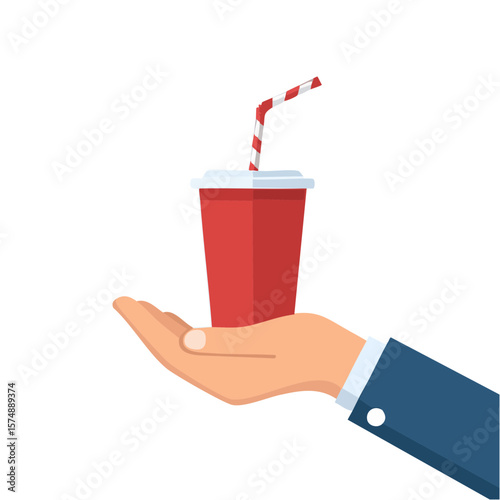 A hand holding a red cup of beverage with a straw