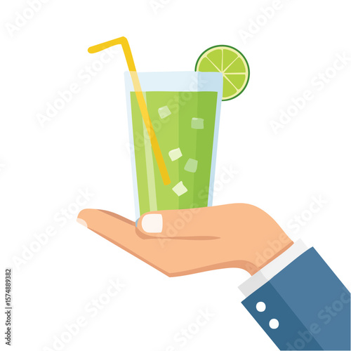 A refreshing green drink served in a tall glass with ice and lime, delicately presented in a hand.