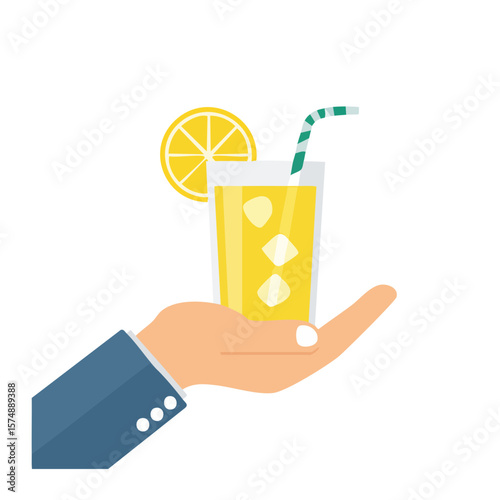 A hand holding a refreshing glass of lemon juice. The image depicts a person offering a tasty and cool beverage on a sunny day.