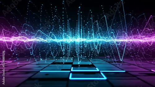 Digital audio visualizer with purple and blue waveforms