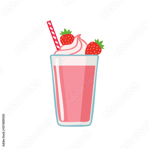 A refreshing strawberry smoothie with whipped cream and fresh strawberries, perfect for a hot day. A glass filled with delicious strawberry smoothie, a sweet, tasty drink.