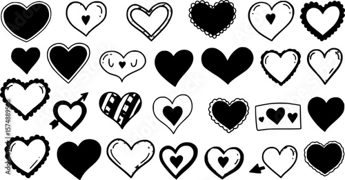Set of heart doodle element vector. Hand drawn doodle style collection of different heart, love symbol. Illustration design for print, cartoon, card, decoration, sticker, icon, valentine day.