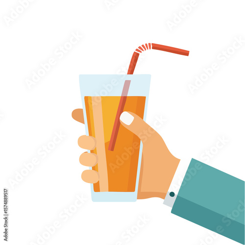 Refreshing beverage: A hand holds a glass of orange juice with a straw