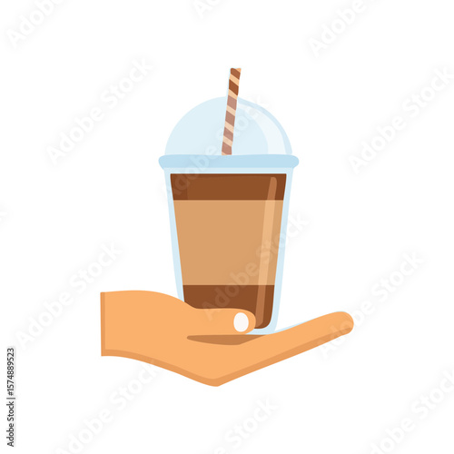 A refreshing iced coffee drink held gently in the palm of a hand