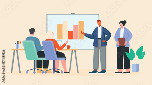 Illustration of a business presentation with a bar graph being presented to a small group of people